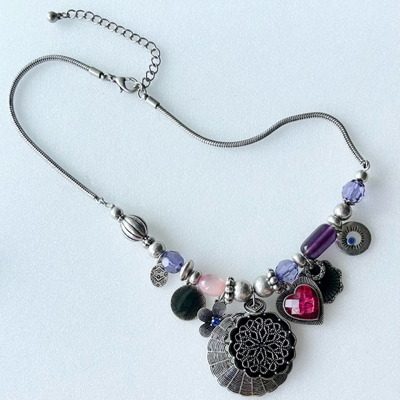 Tribal Sterling Silver Bib Necklace Purple Blue Pink Red Charms Snake Link 12” - Picture 7 of 11